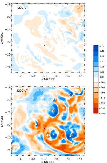 Fig. 9. Horizontal cross section at 17 km of the vertical velocity in Grid 2 at 12:00 UT (upper panel) and 22:00 UT (lower panel)