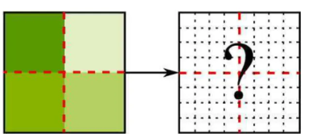 Fig. 1 Position of the problem : how to propose some plausible guess of what might be hidden under the available resolution ? New  sub-pixel details will be introduced, under some physical and statistical constraints.