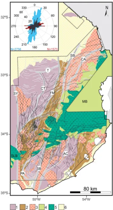 Fig. 8. Neoproterozoic structural trends defined through the analysis of the second vertical derivative of the anomaly map (Figs
