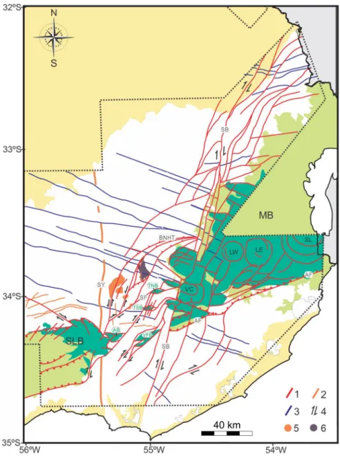Fig. 9. Proposed tectonic model for the Mesozoic rift, with a transfer zone between the Santa Lucia (SLB) and Merín Basins (MB)