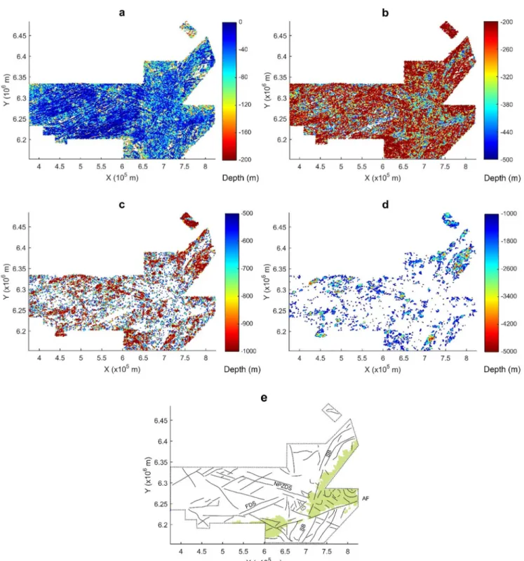 Fig. 4. Euler solutions depths for the not RTP aeromagnetic anomaly for the following depths ranges (a) 0–200 m, (b) 200–500 m, (c) 500–1000 m and (d) 1000–5000 m