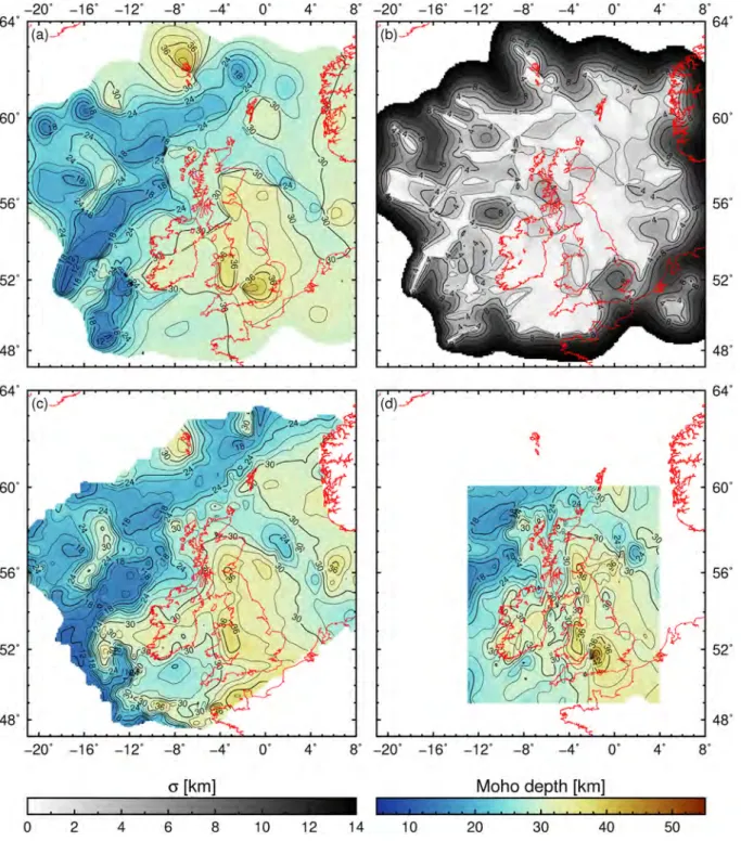 Figure 9. Comparison of our mean Moho depth model with previous studies. Panels (a) and (b) mean Moho depth and standard deviation of this study (same as Fig