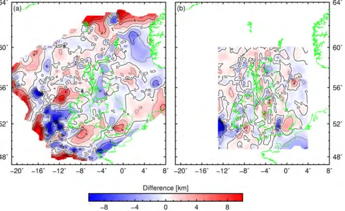 Figure 10. Comparison of our mean Moho depth model with previous studies. (a) and (b) Differences between our mean model and the models of (Kelly et al.
