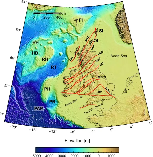 Figure 1. Physiographical map of the study area according the the ETOPO 1 Global Relief Model (Amante &amp; Eakins 2009) and main tectonic boundaries (red lines) modiﬁed from Tomlinson et al