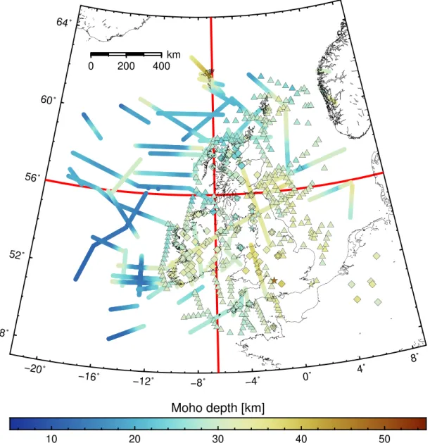 Figure 2. Location of the Moho depth estimates used in this study. Four different data-types are considered: refraction/wide angle (coloured lines), reﬂection (triangles), broad-band (squares) and short period (stars) receiver functions