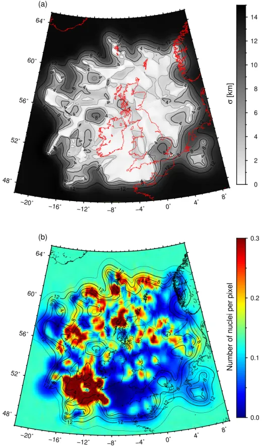 Figure 5. Results of the probabilistic Moho depth surface reconstruction. (a) Standard deviation surface