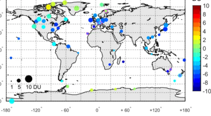 Figure 2. Spatial distribution of ozonesonde and FTIR stations used in this study. The different colors represent the mean biases in  Dob-son units (DU) between IASI-A and Dob-sonde TROPO O 3 columns (defined as the surface–300 hPa column) at each station 