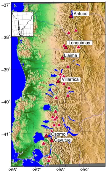 Fig. 1. Maps of south central Chile and locations of the main active volcanoes (red 