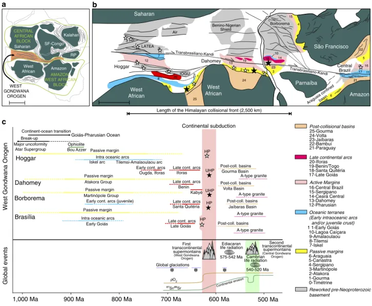 Figure 1 | Geological context and tectonics of the West Gondwana Orogen. (a) Main cratons and tectonic blocks involved in the formation of the collisional West Gondwana Orogen (scale bar, 1,000 km)