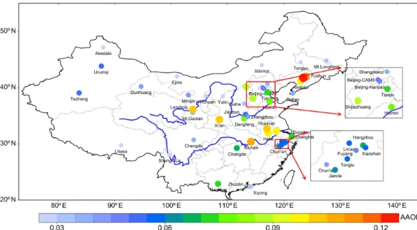 Figure 6. Annual spatial distribution of absorption aerosol optical depth (AAOD) at 440 nm at the CARSNET sites.