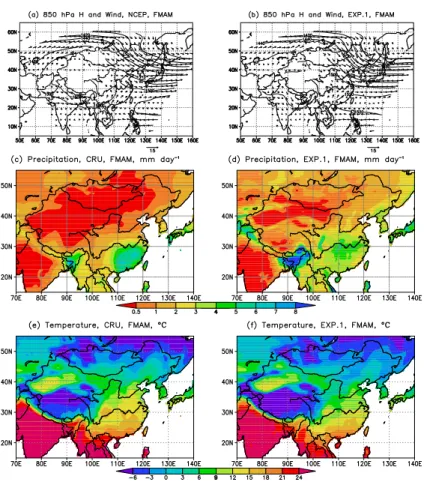 Fig. 2. Mean (1997–2006) 850 hPa height (contour line) and wind (arrows) in FMAM from NCEP reanalysis (a) and model simulation (b); observed (c, 1997–2002, available data), and simulated (d, 1997–2006) mean precipitation; observed (e, 1997–2002, available 