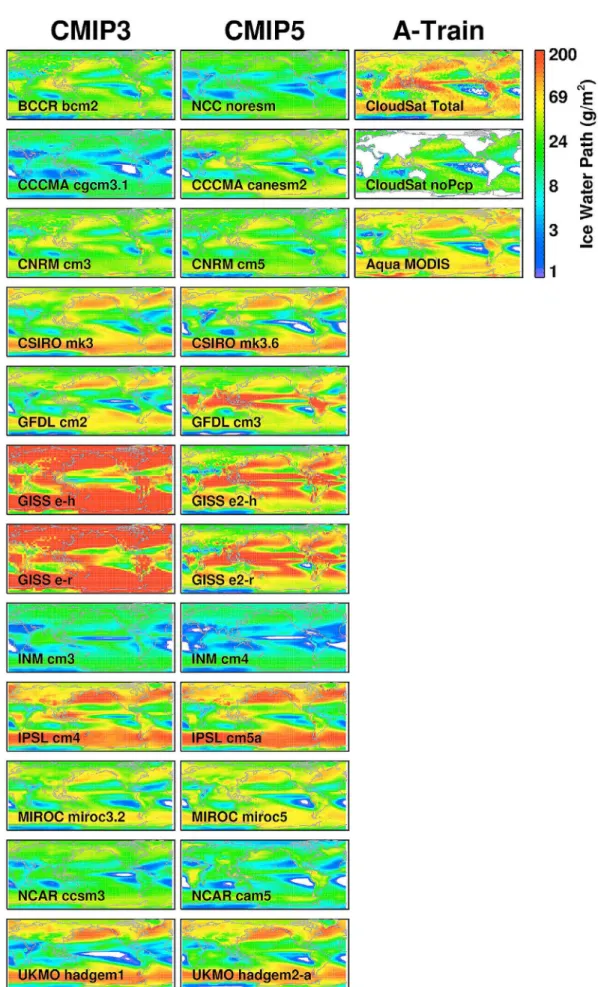 Figure 2. Multiyear mean IWP from CMIP3 and CMIP5 models, and from A-Train observations.