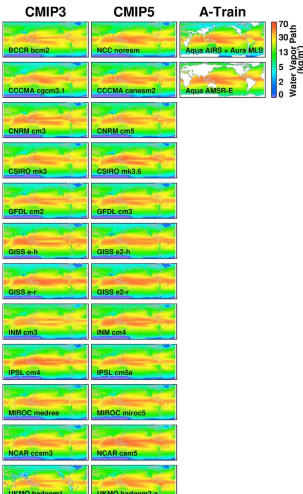 Figure 4. Multiyear mean WVP from CMIP3 and CMIP5 models, and from A-Train observations.