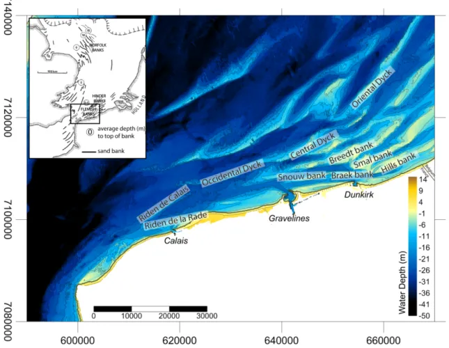 Figure 1. Location map of the study area, showing the position of the Northern France nearshore sand  banks (inset map from [14])