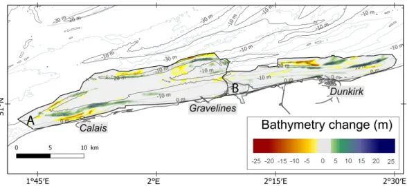 Figure 5. Bathymetric differential map of Northern France during the study period (map projection: 