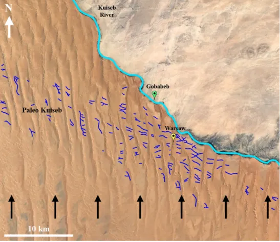 Figure 8. Location of Warsaw dune, present-day Kuiseb riverbed (cyan) and Paleo–Kuiseb system  (dark blue), spreading over 8 km in south–north direction