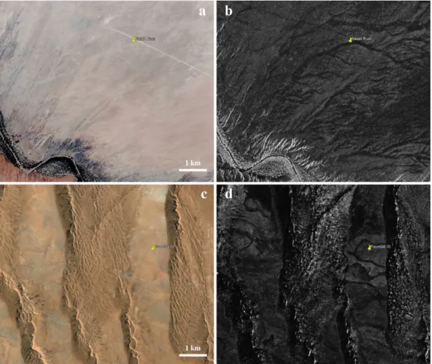 Figure 2. Landsat-7 image (a) and PALSAR-2 radar image (b) of the Natab River study site