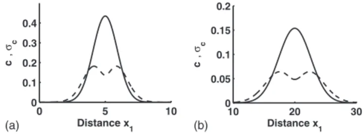 Figure 2 shows the mean concentration ¯ c 共 x 1 , t 兲 and stan- stan-dard deviation ␴ c 共 x 1 ,t 兲 at t= 500 ␶ D and t = 2 ⫻ 10 3 ␶ D 