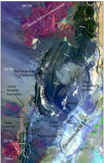 Figure 3. Geological map draped over Landsat image of northern El Bordo escarpment. For location, see Figure 1.