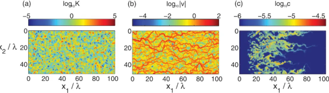 FIG. 1. (Color online) (a) Lognormal conductivity field with variance σ lnK 2 = 9 and correlation length λ = 10