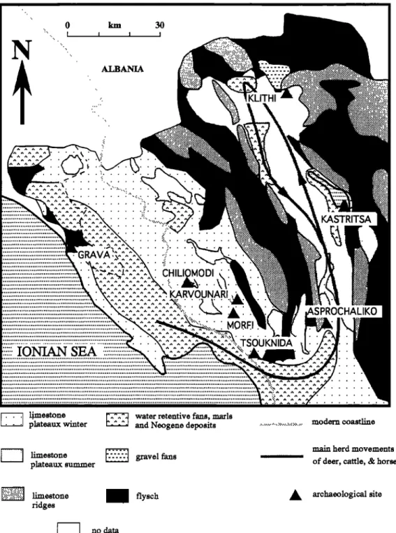 Figure 9.  Simplified  map of regional  terrain categories  of Epirus,  showing  annual  range of movements  of  main herd animals (deer, cattle, and horse)