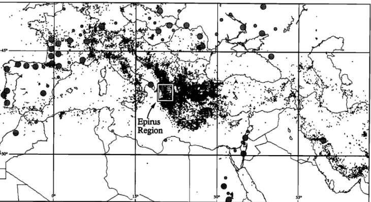 Figure  1.  Distribution  of Upper  Paleolithic  sites  and seismicity  in Europe  and the Middle  East