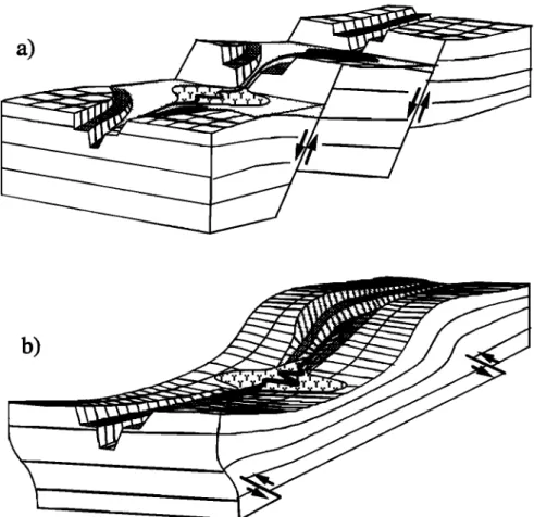 Figure  2.  Schematic  illustration  of the way in which  (a) active  normal  faulting  and (b) reverse  faulting  create downcutting  and the formation  of terraces  plus local ponds of  sediment