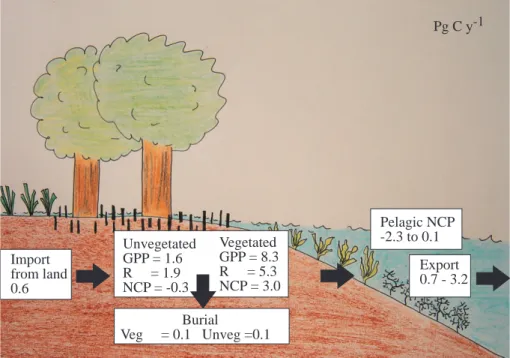 Fig. 3. Summary of the organic carbon budget of the global coastal ocean, NCP = Net com- com-munity production, GPP = Gross Primary Production, R = Respiration.