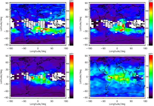 Fig. 8. Global PAN distribution at 8, 10, 12 and 16 km altitude (top left to bottom right) averaged over 10 days between 4 October and 1 December, 2003