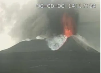 Fig. 1. Fire-fountain activity at the South-East crater of Mt. Etna on 8 June 2000. Horizontal edge of photo ∼ 700 m