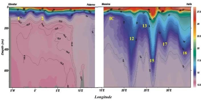 Fig. 3. Temperature vertical sections (a) from Gibraltar to Palermo (track 1a) and from Messina to Haifa (track 1b) in September 1999; (b) from Gibraltar to Haifa (track 1) in February 2000