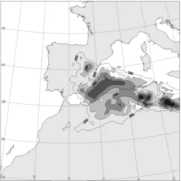 Fig. 11. The 24-h averaged CAPE distribution (J/kg) calculated for the sea level parcels of domain 2 from 12:00 UTC 22 to 12:00 UTC, 23 October 2000.