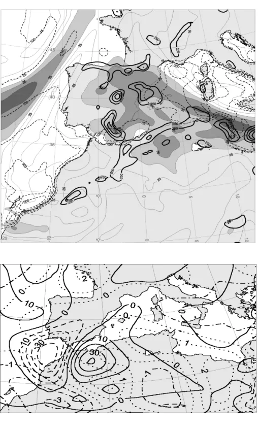 Fig. 12. Precipitable water (mm, thin solid line, with shaded areas  in-dicating values greater than 30 mm) on 00:00 UTC, 23 October 2000, and 24-h averaged water vapor flux  conver-gence integrated from 700 to 1000 hPa (gm −2 s −1 , strong solid line) gre