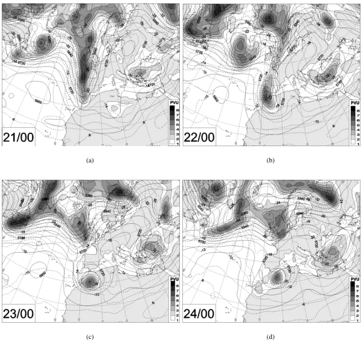 Fig. 3. Potential vorticity (PVU, shaded contours) at 300 hPa, geopotential height (gpm, solid line) and temperature ( ◦ C, dashed line) at 500 hPa on 00:00 UTC (a) 21, (b) 22, (c) 23, (d) 24 October 2000, as diagnosed from the NCEP analysis.