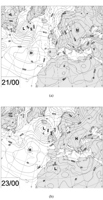 Fig. 4. Temperature at 925 hPa ( ◦ C, dashed line) and sea level pressure (hPa, solid line) obtained from the NCEP analysis on 00:00 UTC (a) 21 and (b) 23 October 2000.