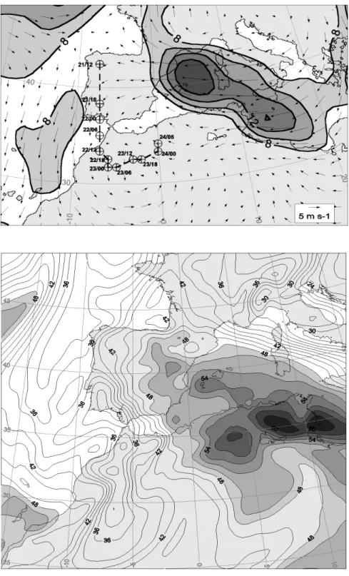 Fig. 8. Position of the cutoff low cen- cen-ter at 300 hPa (circled crosses), from 12:00 UTC 21 to 06:00 UTC, 24  Octo-ber 2000 as simulated in the control run (zoom on domain 1)