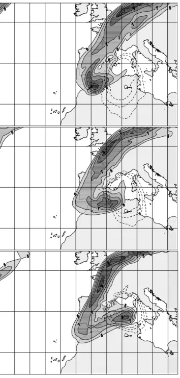 Fig. 12. C21–23 Simulation. Potential vorticity (PVU, 1PVU=10 −6 m 2 s −1 K kg −1 ) greater than 5 PVU at 250 hPa for (a) 12:00 UTC, 21 December, (b) 18:00 UTC, 21 December and (c) 00:00 UTC, 22 December