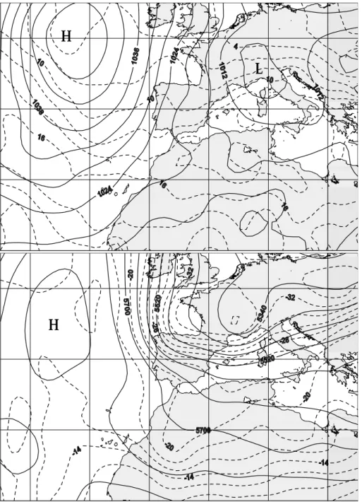 Fig. 3. Synoptic situation from the ECMWF reanalysis at 12:00 UTC, 19 December 1979. (a) Surface  pres-sure (hPa, solid line) and  tempera-ture ( ◦ C, dashed line) at 1000 hPa, (b) Geopotential height (gpm,  continu-ous line) and temperature ( ◦ C, dashed 