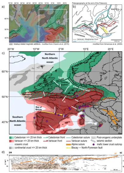 Figure 1: a) Extent of the Caledonian and Variscan orogenic domains and location of breakup-related magmatic additions in the North Atlantic region (Chenin et al