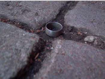 Fig. 3. Undisturbed sampling of seam material (0 to 1 cm) from a cobbled stone paved street using special 3.3 cm 3 cylinders in an old residential area at the site Pfluegerstrasse, Berlin.