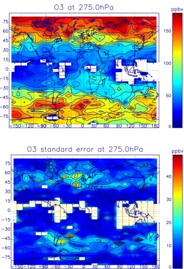 Fig. 6. VMR distribution of O 3 at 275 hPa, averaged from 21 Oc- Oc-tober to 12 November 2003 (upper panel)
