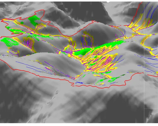 Fig. 8. 3-D visualisation showing buffer zones to reduce stream nitrates due to areas of improved pasture in the Wye (vertical scale exaggeration of 3-times)
