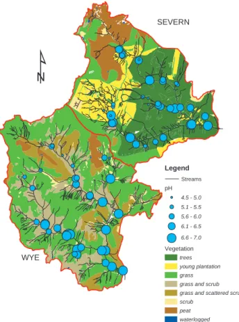 Figure 5 shows the findings of a synoptic survey of stream baseflow  pH  at  80  sites  in  June  1996  overlain  on  the vegetation  cover;  there  is  no  evidence  of  greater  acidity under a forest cover