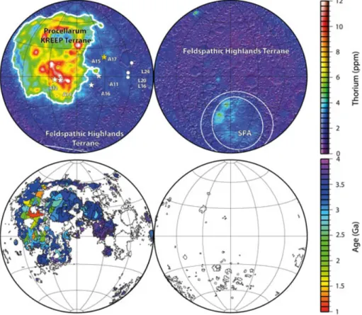 Figure 1. (top) Lunar Prospector surface thorium concentrations of Lawrence et al. [2003]