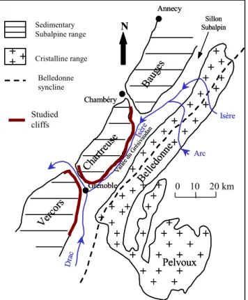 Fig. 4. Location of the studied cliffs in the Grenoble area.