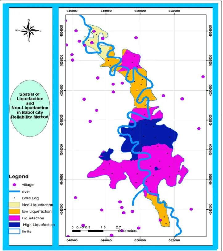 Fig. 10 Liquefaction hazard map of Babol (Reliability method)