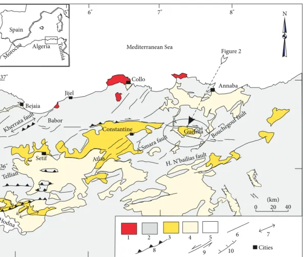Figure 1: Tectonic map of the Eastern Tellian Atlas of Algeria [11] and the Guelma seismogenic localization: (1) volcanism, (2) Jurassic- Jurassic-Cretaceous and lower Cenozoic basement, (3) Neogene post-nappe deposits, (4) Plio-Quaternary deposits, (5) Qu
