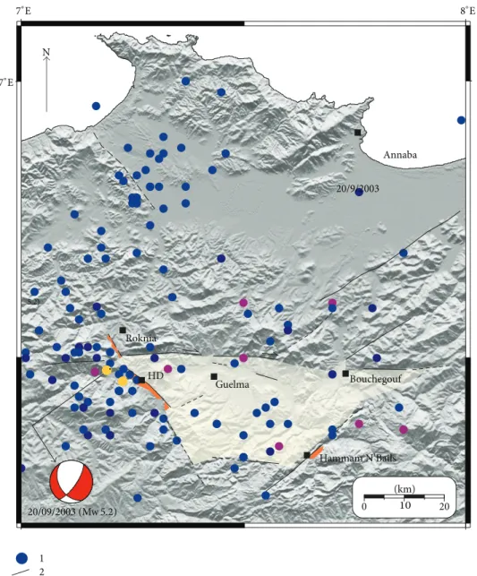 Figure 5: Seismicity distribution in the Guelma basin and surroundings: (1) earthquakes, (2) active and potentially active fault, and (3) travertine deposits; yellow circle corresponds to the largest earthquakes that occurred in the region with the focal m