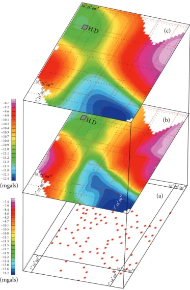 Figure 6: Gravity map: (a) gravity station survey, (b) Bouguer anomaly map, and (c) 500 m upward continuation.