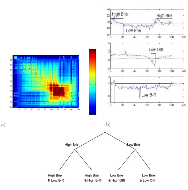 Figure 11. Analysis of 3 selected characters Brie, OIII and B-R on an ensemble of 100 galaxies ordered with the Minimum Contradiction method